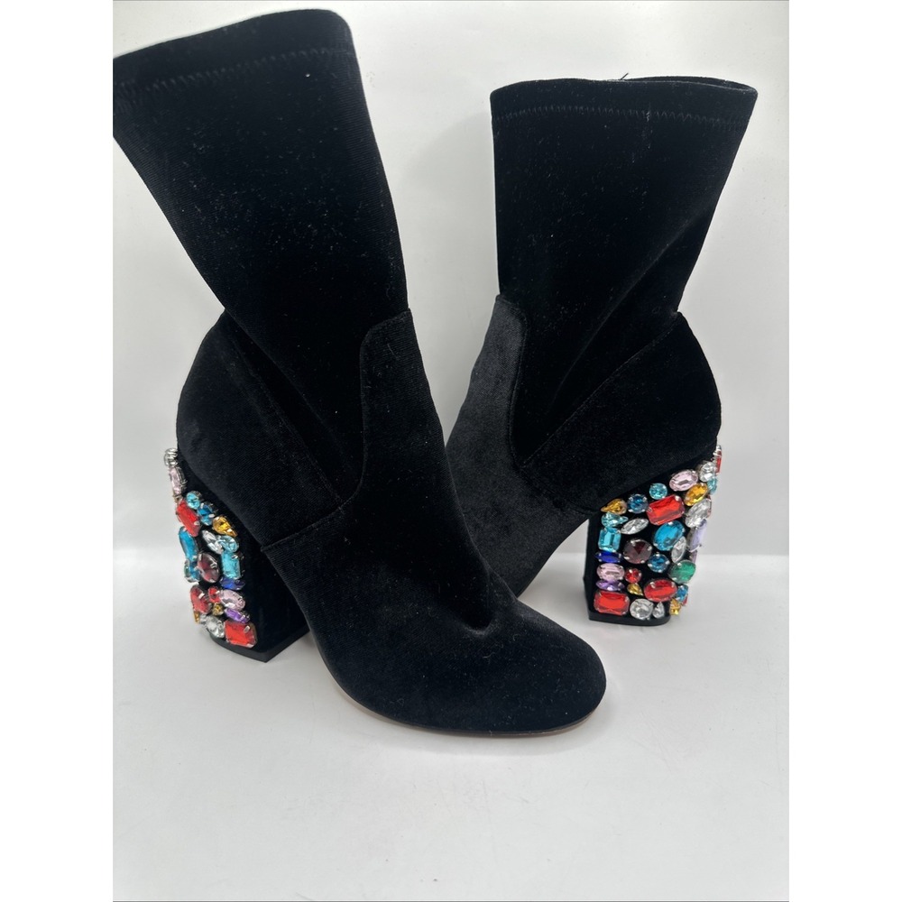 Neiman Marcus Black Velvet Boots Rhinestone Heel Sz 7